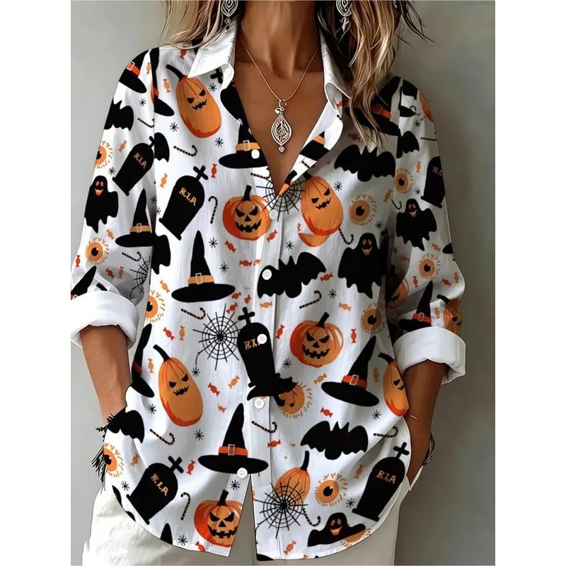 Halloween Pumpkin Bat Witch Hat Fun Print Long Sleeve Casual Shirt New Women's Top
