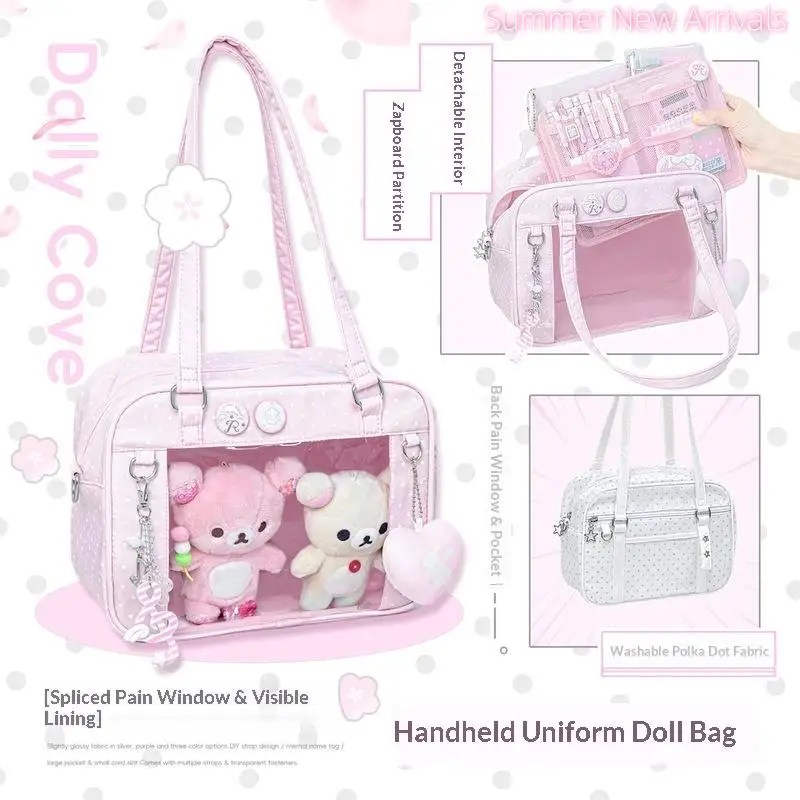 RosyPosy Ita Bag Polka Dot Large Capacity Clear Window Adjustable Strap Shoulder Handbag Crossbody Bag For 15Cm Doll Display