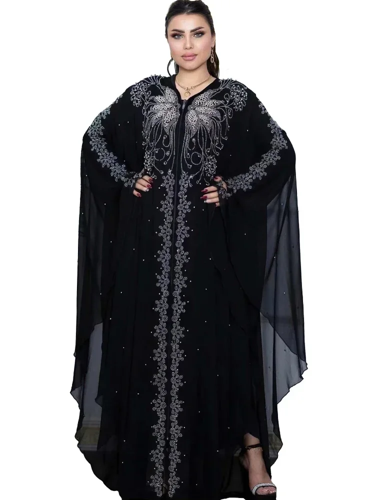 Vestido muçulmano com manga de morcego para mulheres, abaya, diamante, jalabiya, Marrocos Caftan, vestidos de festa, Dubai Abayas, kaftan, robe longo