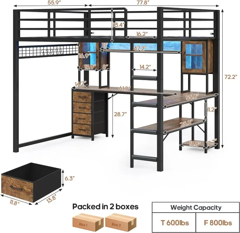 ADORNEVE Full Size Gaming Loft Bed with Desk & Hutch, Storage Drawers, Safety Power Outlet, Metal Loft Bed Frame with RGB Lights