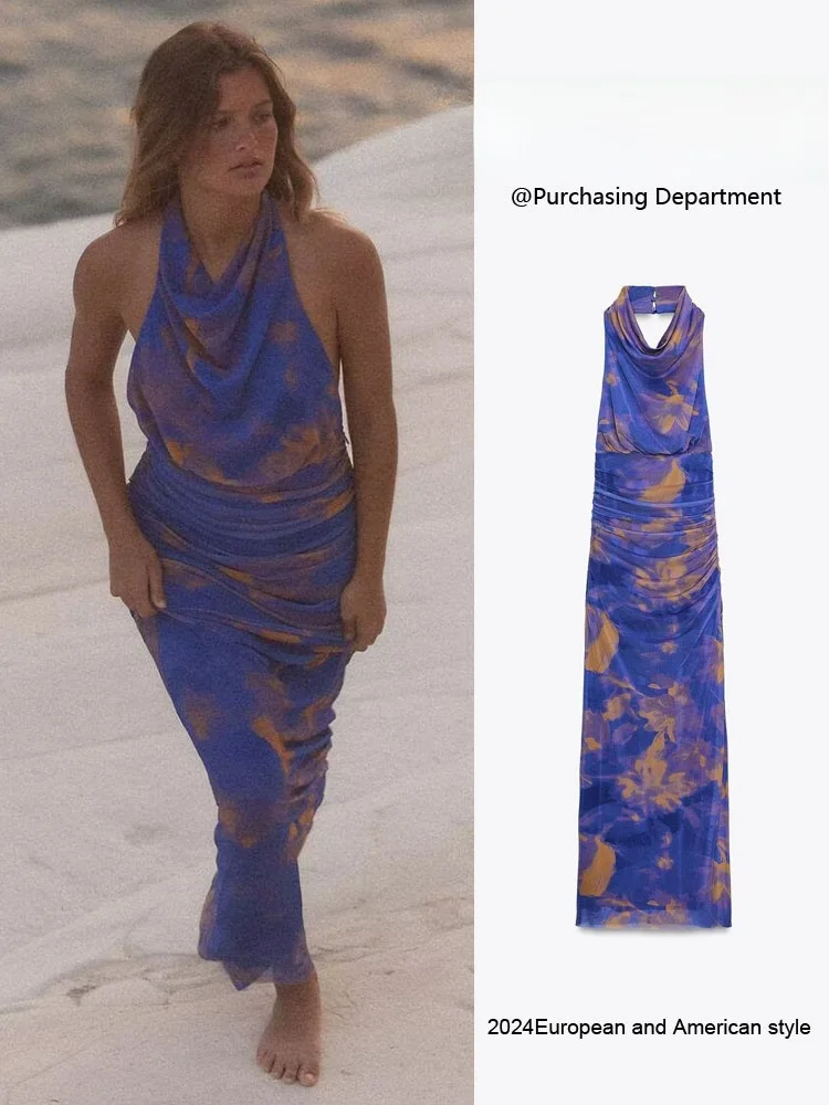 

New Summer Women's Fashion Sexy Sleeveless Silk Mesh Print Dress Elegant Quality Fabric 3673105 Tang Suit Stage Costume