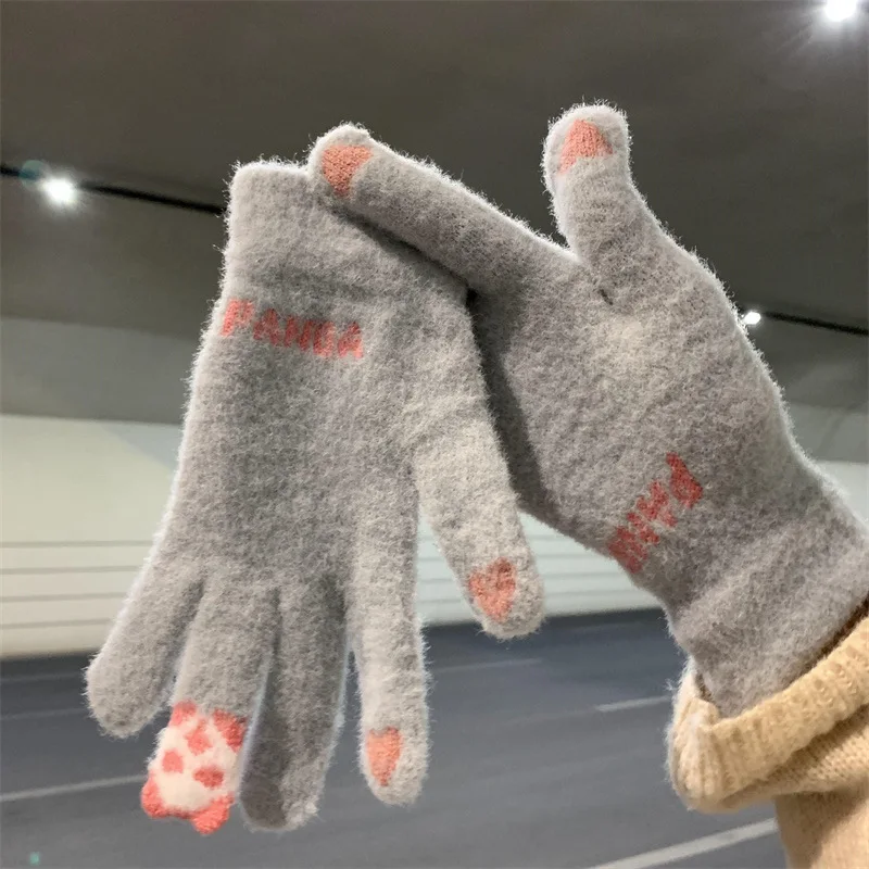 Autumn Winter Women Cute Gloves Cycling Warm Thickened Cold-proof Student Knitted Wool Touch-screen Cotton Five Fingers Mittens