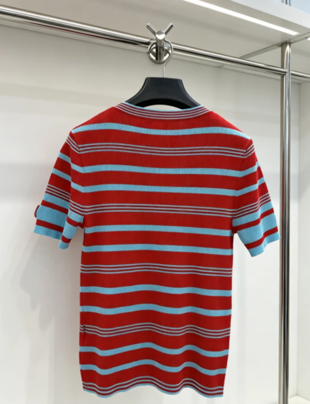 

High Quality Women's Casual Fashion O-neck Top Striped Buttons Patchwork Color Knitted Shirt
