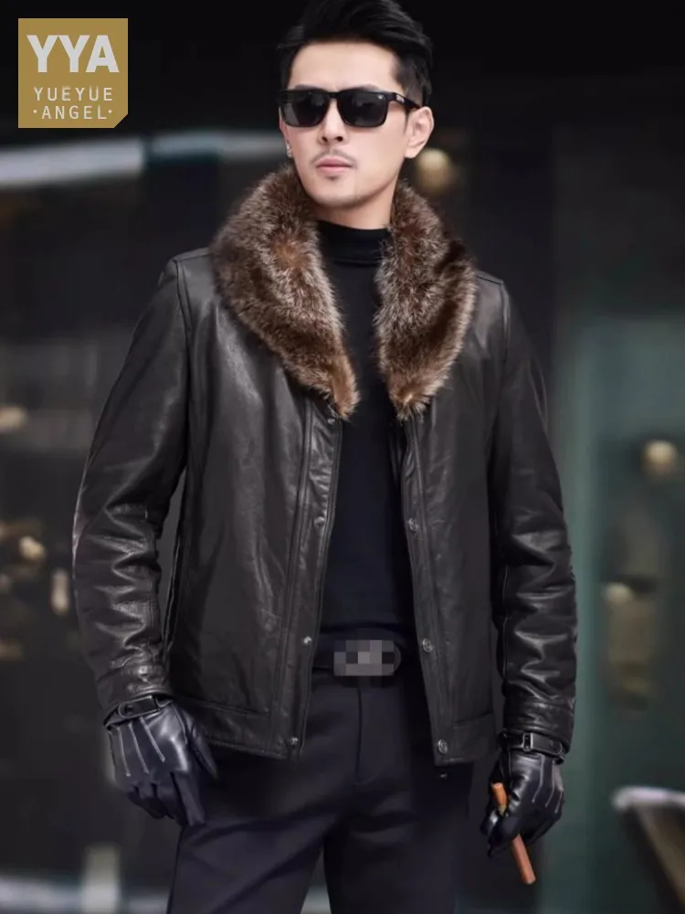 Winter Mens Cowskin Genuine Leather Jacket Luxury Mink Fur Lining Warm Raccoon Fur Collar Punk Motorcycle Short Coat Size 5XL