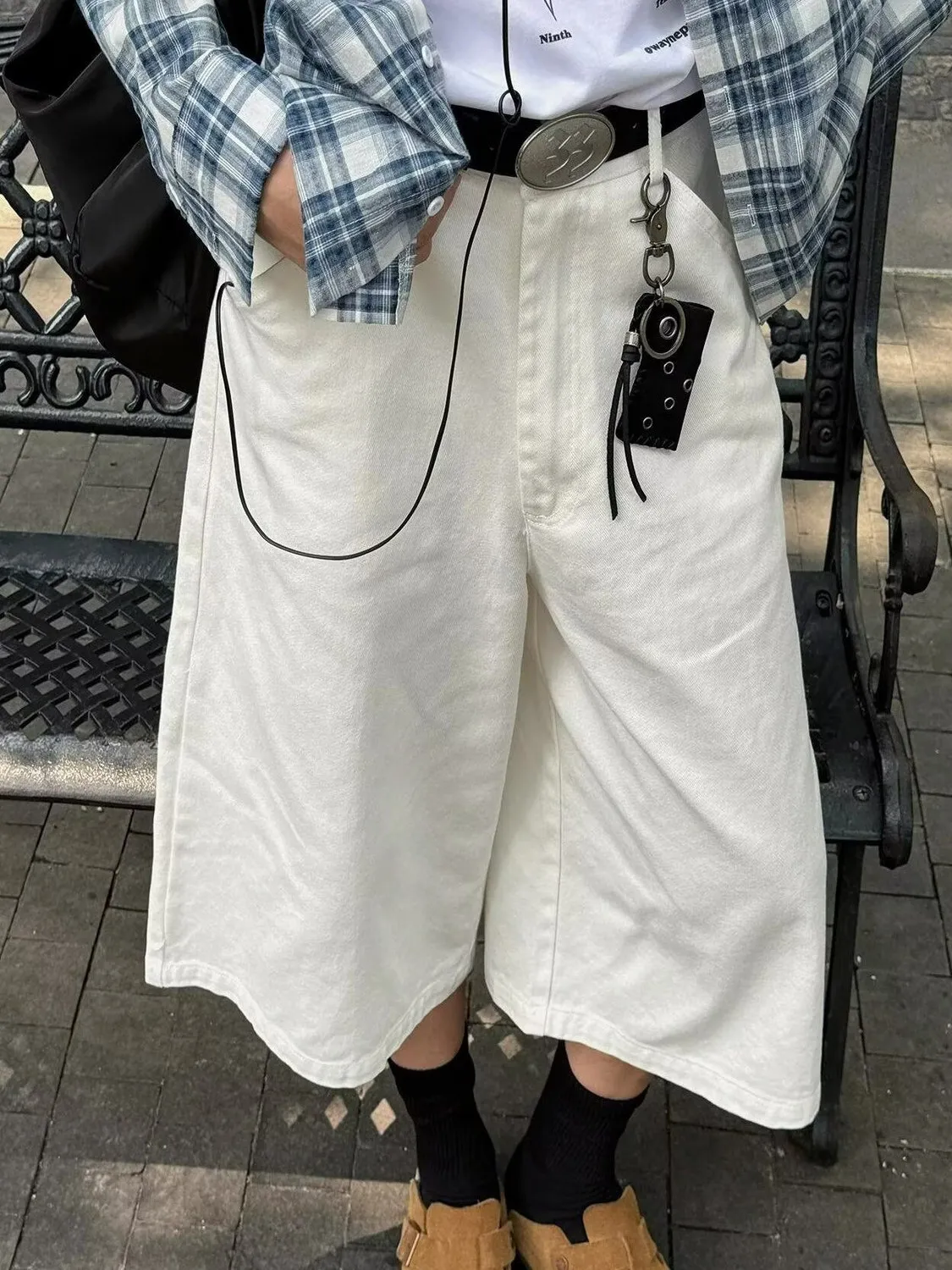 Calças de Sete Quartos Estilo Americano Simples em Cor Sólida para Homens e Mulheres, Jeans Brancos Largos e Soltos para o Verão