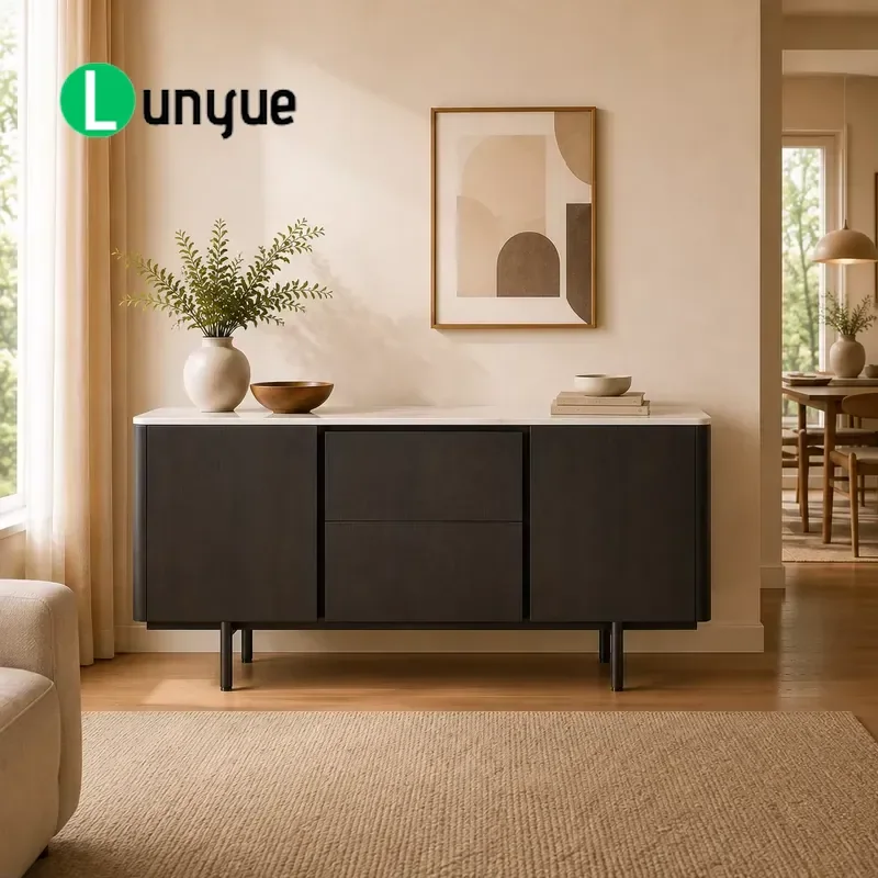 Modern Black Sideboard Cabinet with Marble Top and Metal Legs Eco Friendly Storage Furniture for Living Room Dining Room