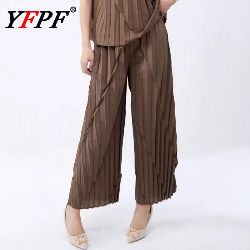 

YFPF Miyake Pleated Casual Women's Pants Solid Color Fashion Loose Elastic Waist Wide Leg Trousers Versatile 2025 New Clothing
