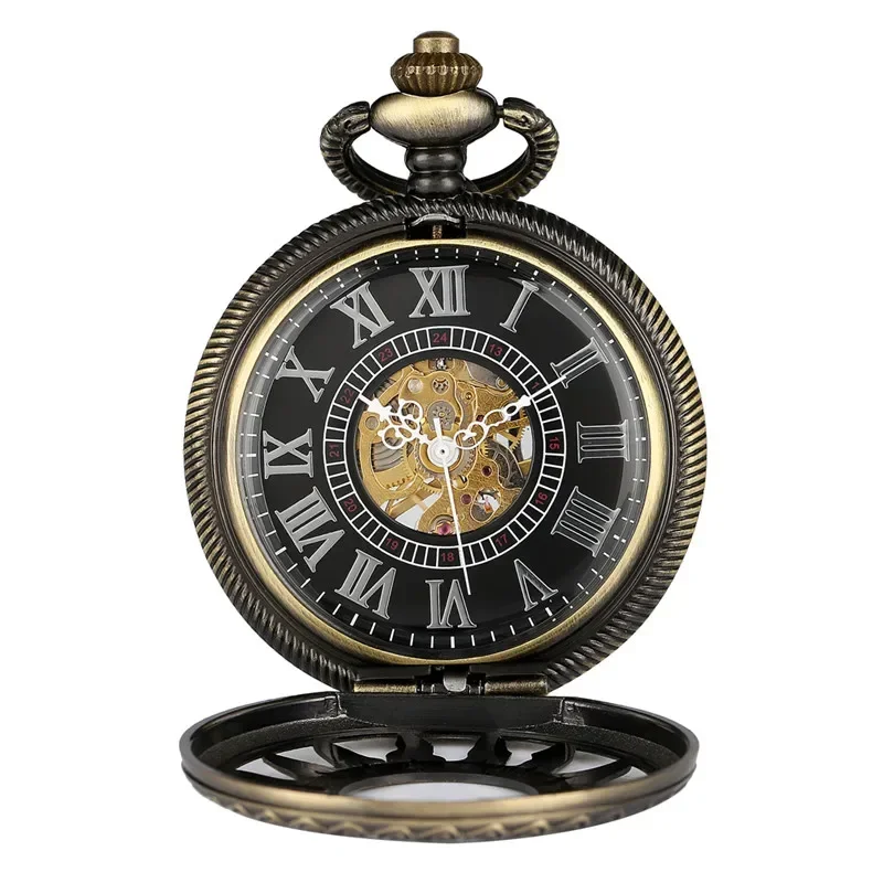 Classic Bronze Hollow Sun Flower Case Design Skeleton Handwind Mechanical Pocket Watch Gift to Men Women Roman Number Dial