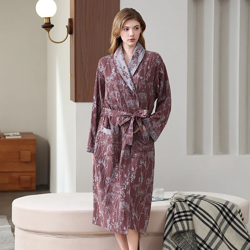 

100% Cotton Double Layer Sleepwear For Couples Home Clothes Large Size Spring Autumn Women's Bathrobe Men Shower Robe Dress