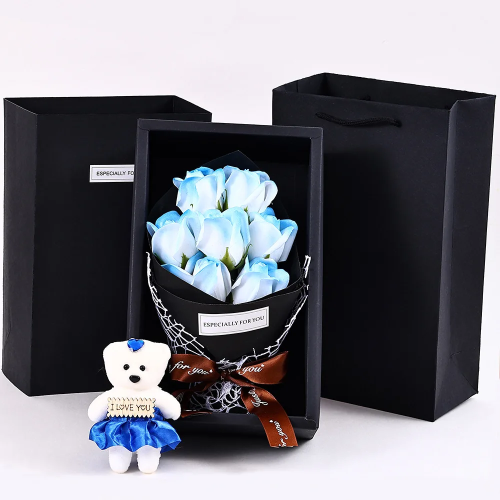 7 رؤساء الورد الاصطناعي باقة الدب الصغير هدية صندوق عيد الحب اليدوية كاذبة زهرة باقة عيد الأم حفلة عيد ميلاد G