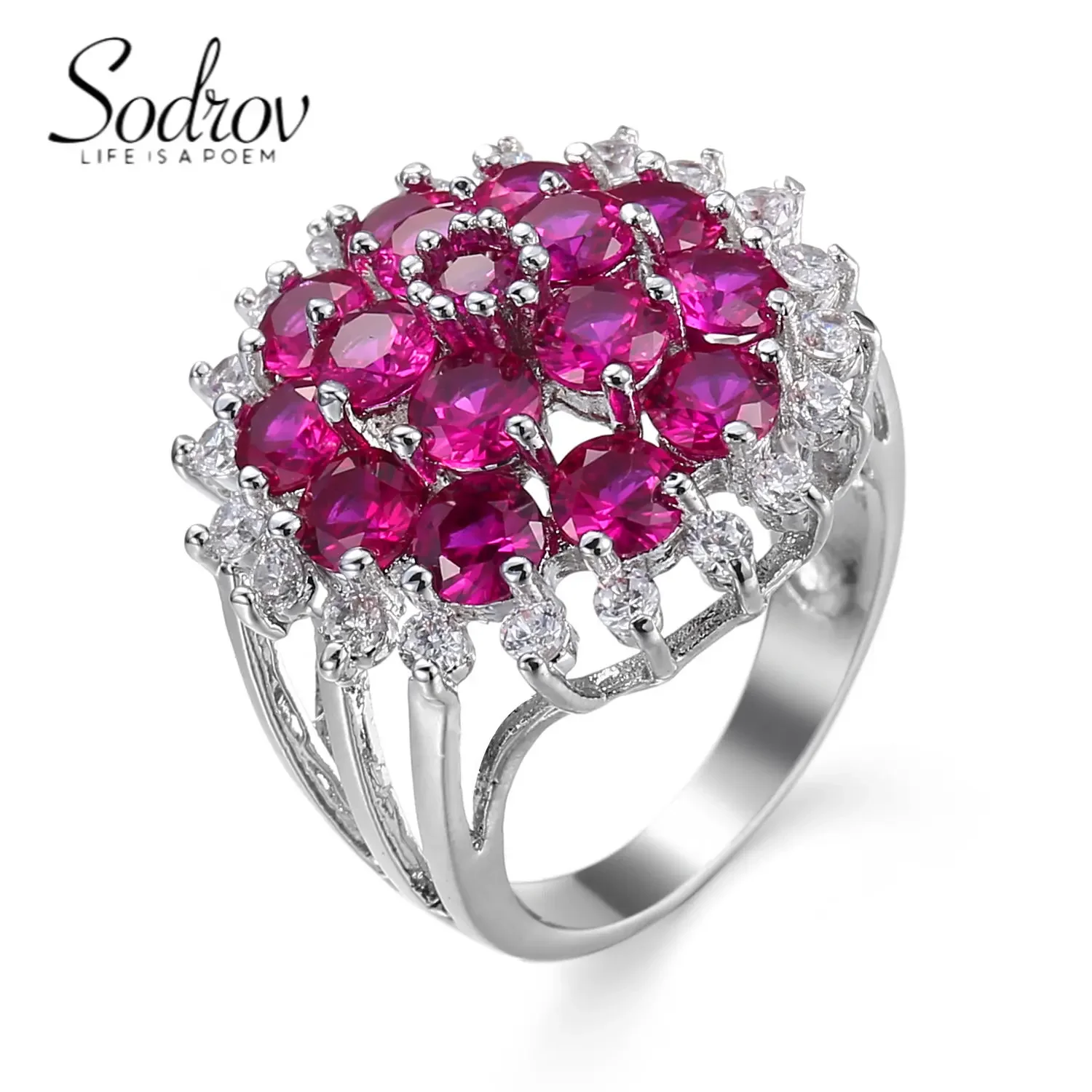 SODROV Big Luxury Red Corundum Color Zircon Flower Engagement Wedding Jewelry Gift Rings for Women