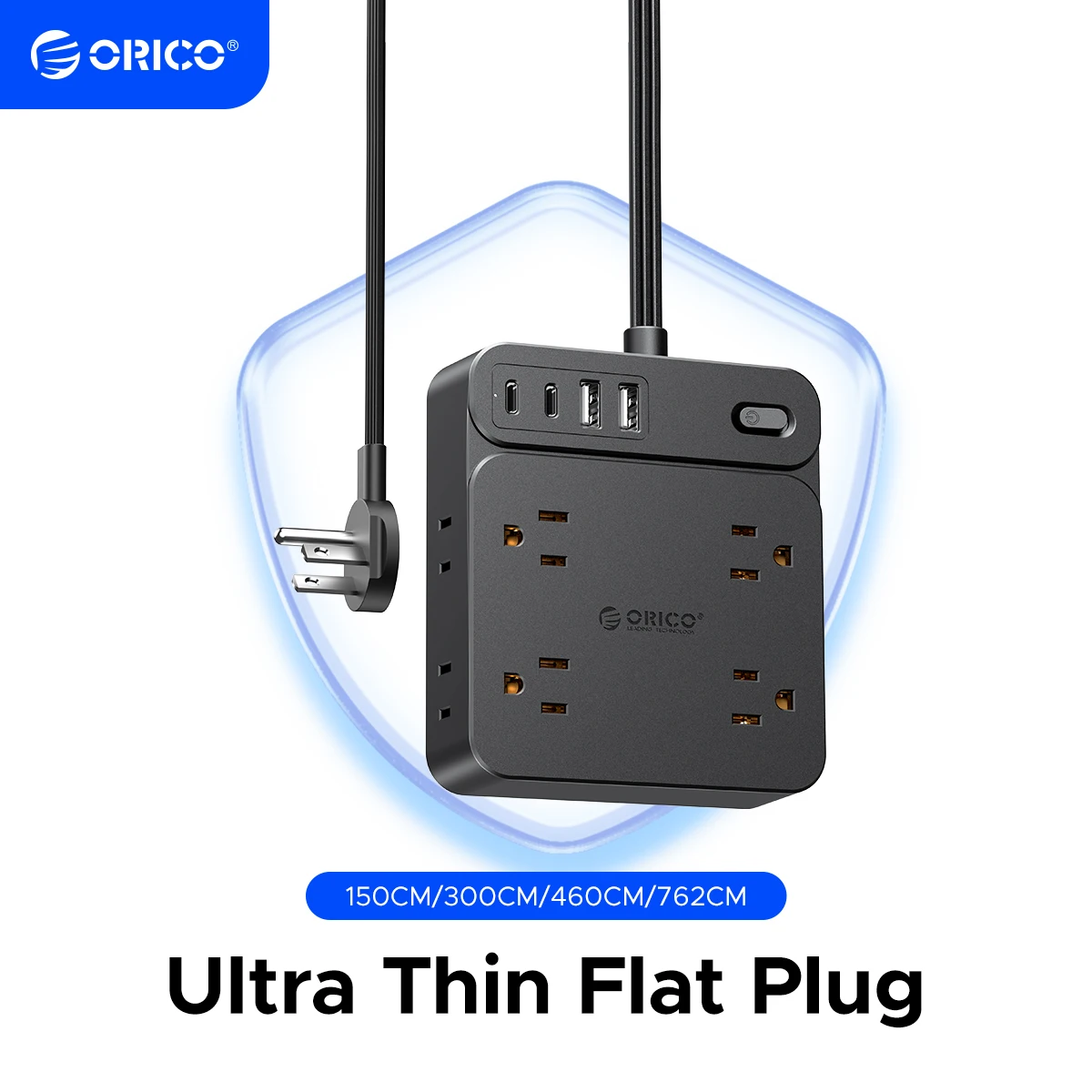 

ORICO US Plug Square Power Strip 8 AC Outlets 2 USB 2 Type-C Multiple Sockets with Long Extension Cable for Home Working Travel