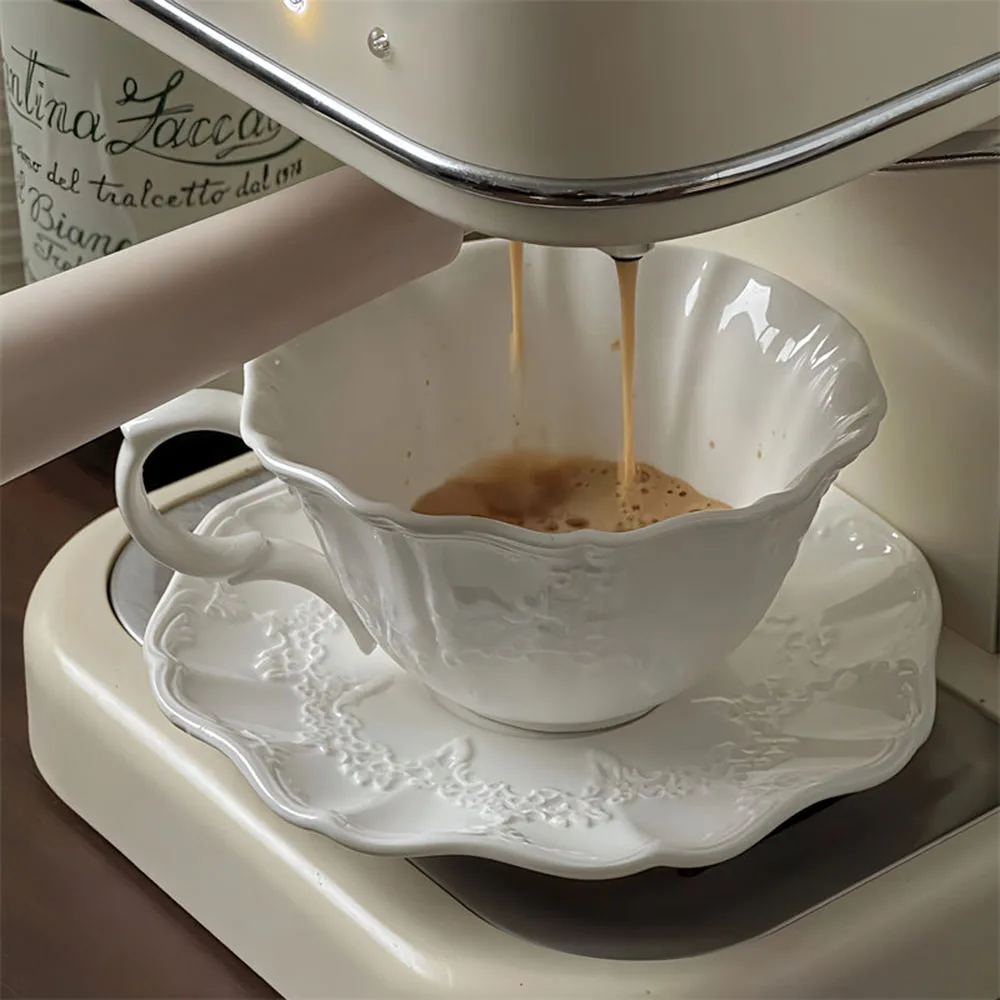 White Relief Pattern Ceramic Cup and Dish Set Household Elegant Afternoon Tea Cups Plate Two-piece Sets Coffee Cup and Dish