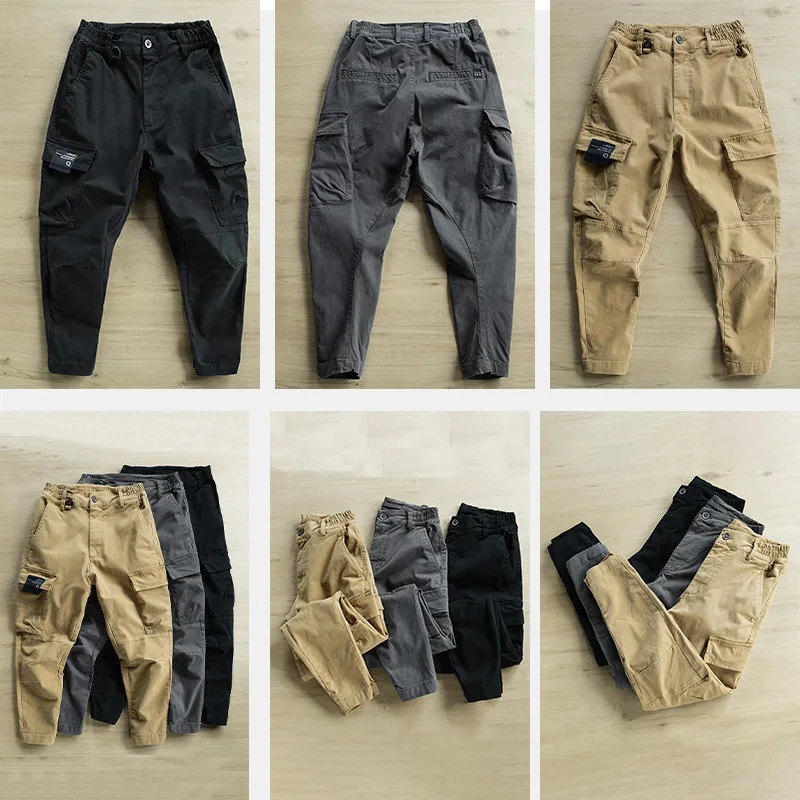 Men's Fashion Multi-Pocket Solid Color Retro Straight Slim-Fit Elastic Waist Button Overalls