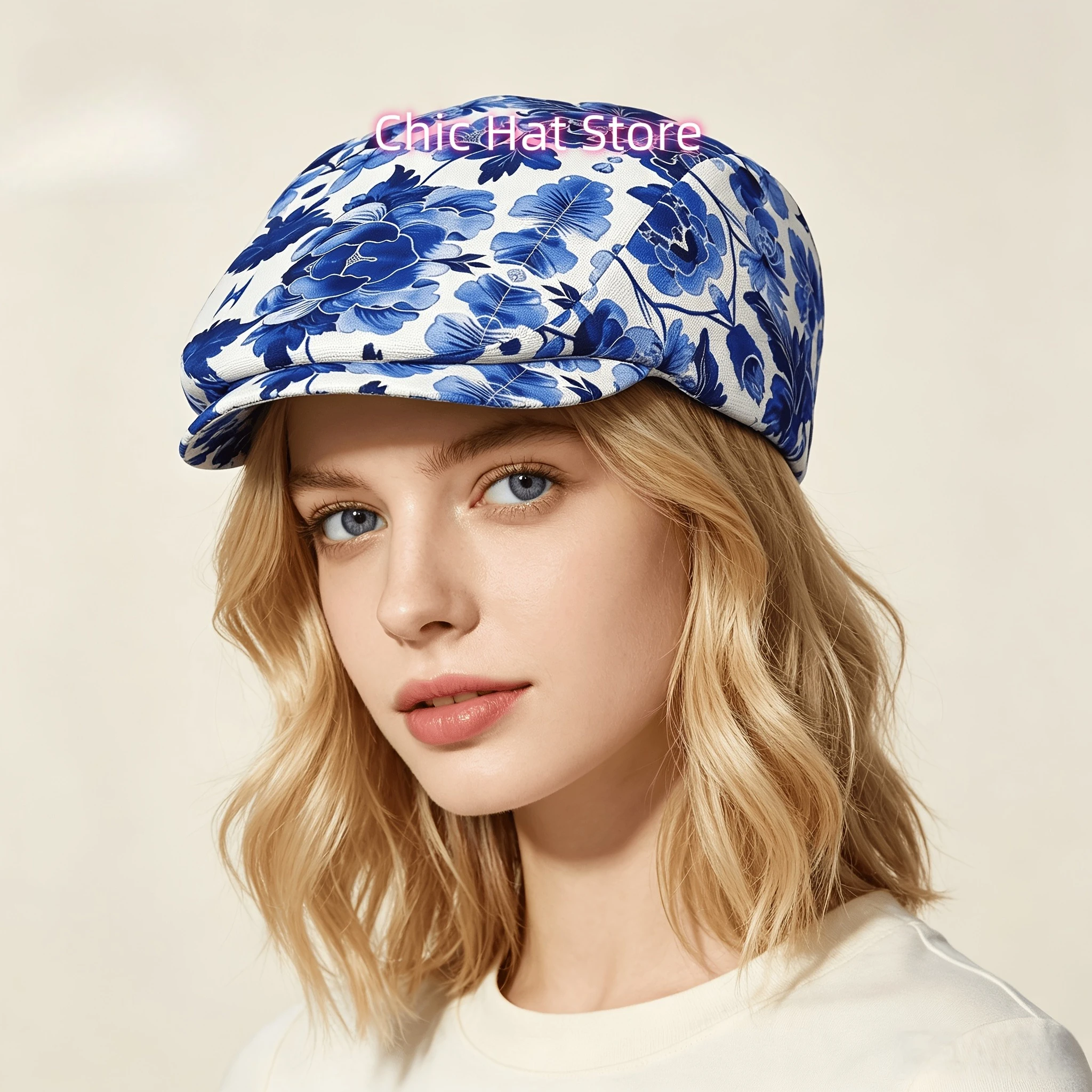 1pc Blue Floral White Background Fully Printed Men And Women Adjustable Flat Cap Newsboy Beret Ivy Cap Irish Cabbie Forward Cap
