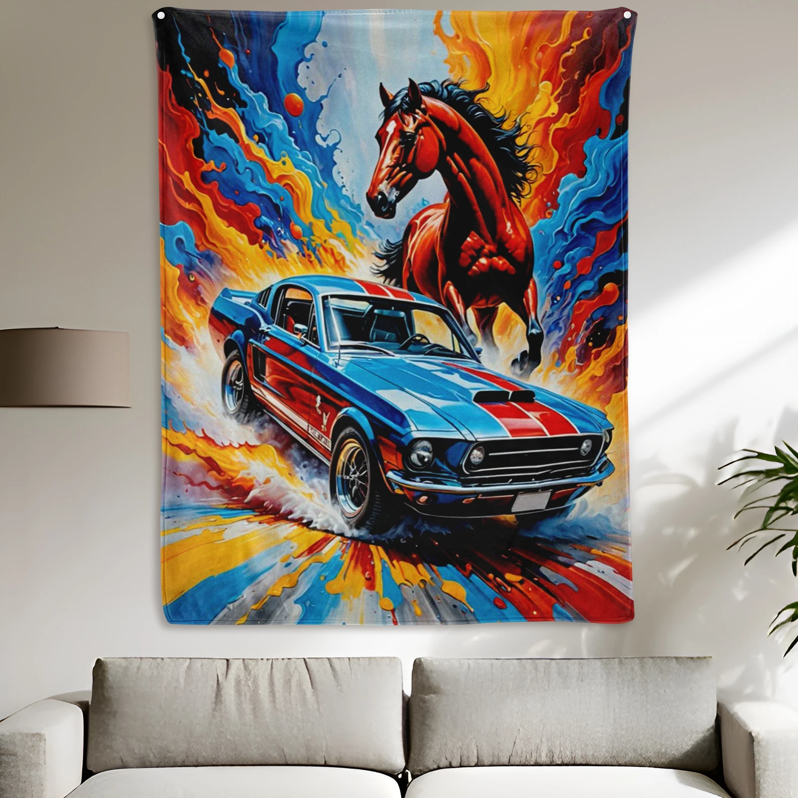 Colorful Classic Car And Galloping Horse Blanket Perfect Gift For Loved Ones Showcasing Speed And Strength