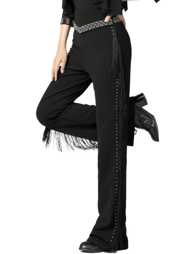 Pantalon de danse à franges en strass taille haute – Pantalon de performance latine scintillant pour spectacles sur scène et de salle de bal
