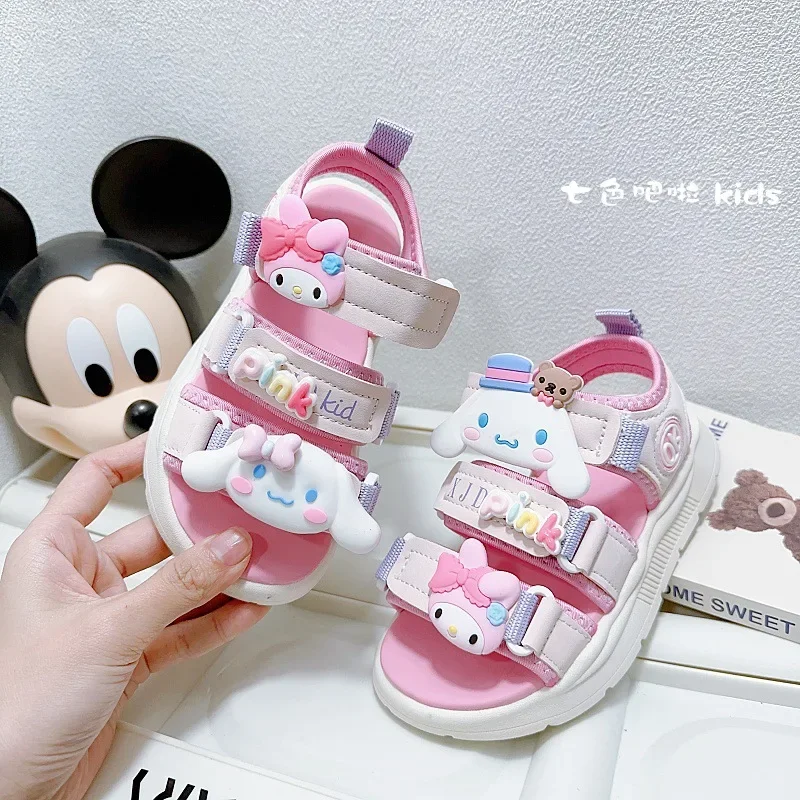 

Детские сандалии Kawaii Hello Kitty My Melody Cinnamoroll в стиле аниме Sanrio, летние дышащие нескользящие кукольные туфли для девочек, пляжная обувь, подарок