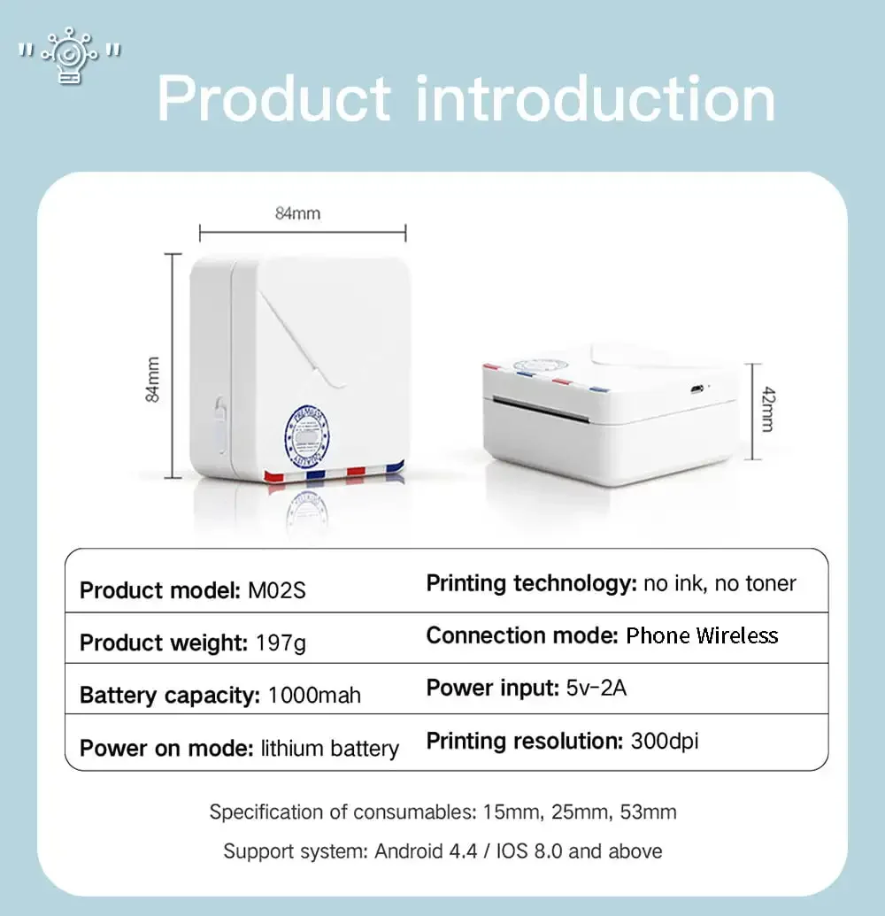 Phomemo M02S Portable Thermal Printer Photo Printer 300dpi HD Bluetooth Label Maker Mobile Label Printer for Similar as T02