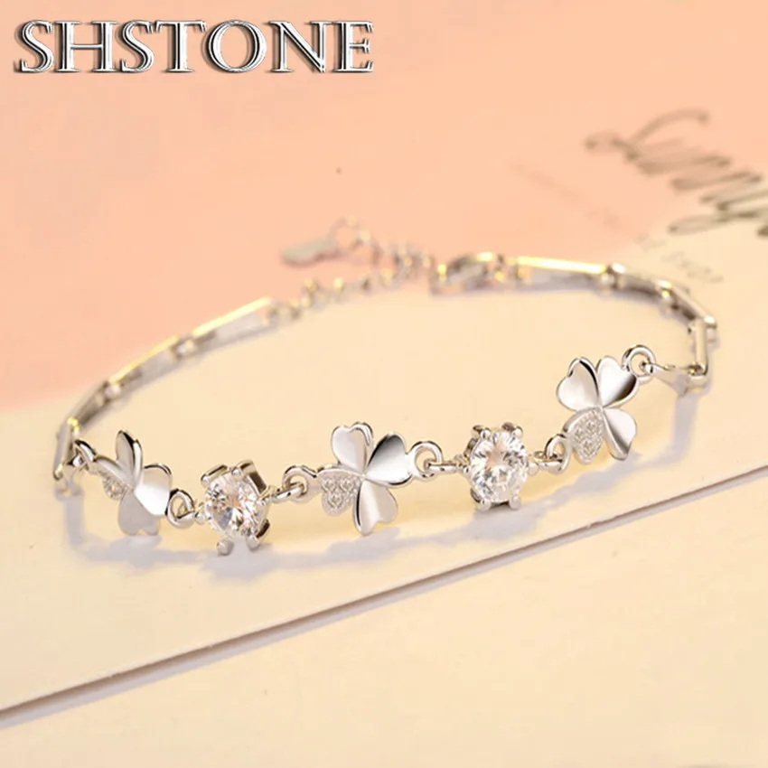 

925 Sterling Silver Zircon Lucky Clover Shaped Bracelet Crystals Chain for Women Valentines Gift Wedding Party Cute Jewelry 20cm