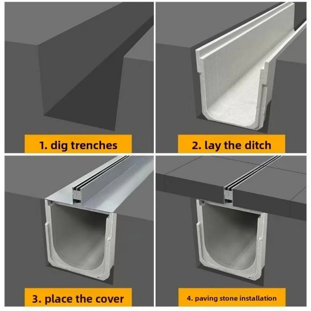 Resin Drainage Gutter Heavy Duty U-shaped Groove Finished Drainage Ditch Stainless Steel Cover Single/Double Row Linear Drain