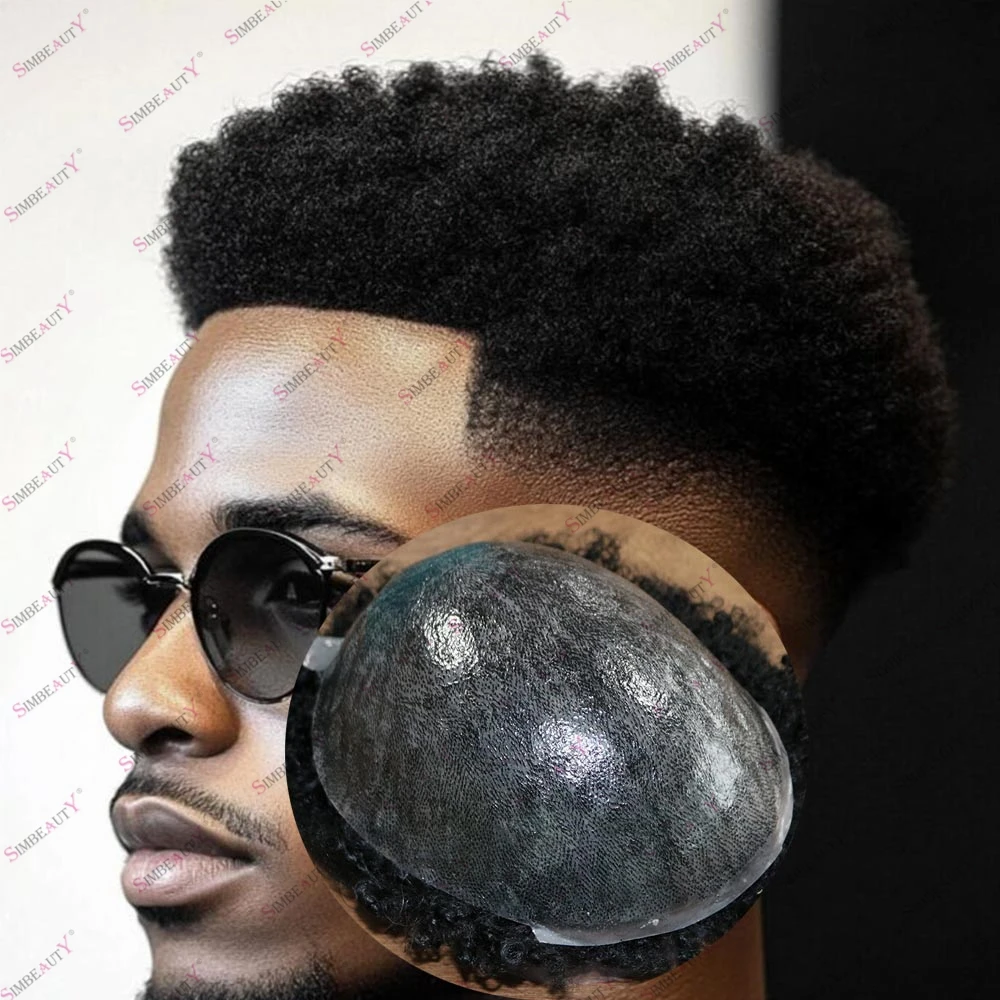 

Super Durable Full PU Base Microskin Men's Afro Curly Toupee 6mm Tight Curl Undetectable Human Hair Capillary Prosthesis Black