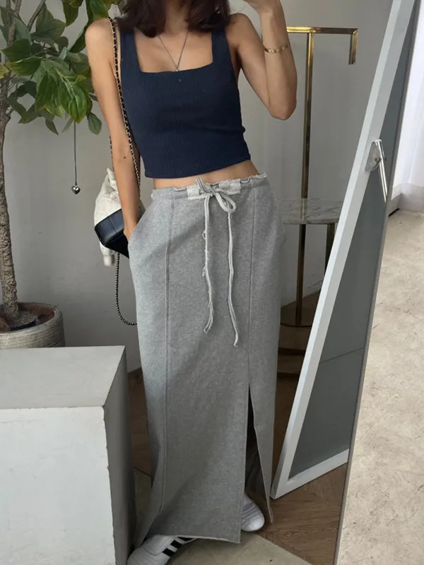 Chic High Waist Drawstring Asymmetrical Sweater Dress Women's Unique Design Summer Knee-Length Korean Style Straight Skirt