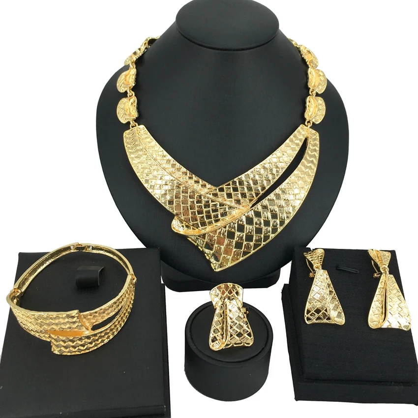 Hot Sale Dubai Gold Plated Ladies Simple Necklace Bracelet Earrings Ring Jewelry Set Holiday Gift FHK14609