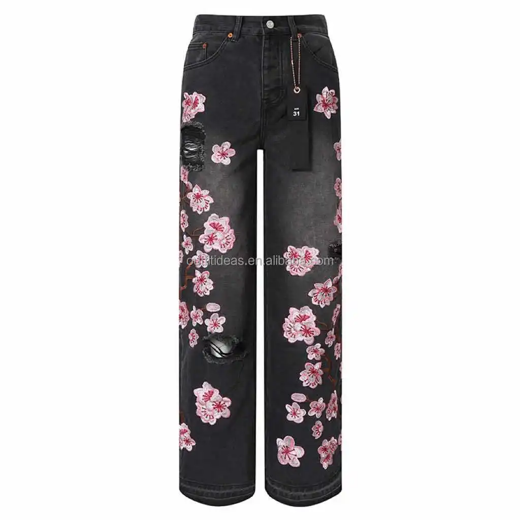 

Unisex Streetwear High Street Ripped Women Sakura Embroidery Stretch Faded Jeans Straight Denim Pants Baggy Trousers for Men