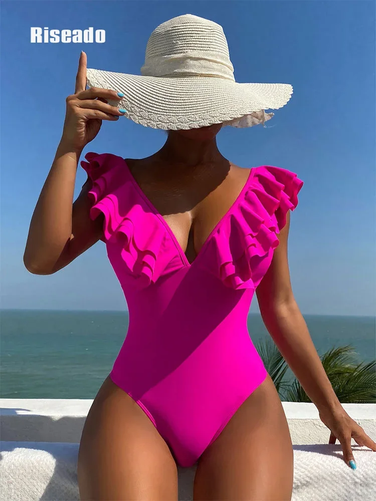 

Riseado Rose One Piece Swimsuit Sexy Ruffle SwimwearV-neck Swimming Suit for Women