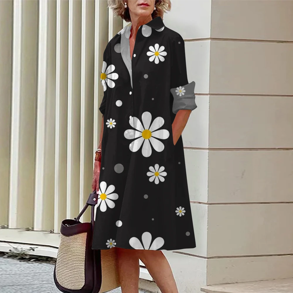 Women's Lapel Long-Sleeved Shirt Dress Knee-Length Skirt Small Daisy Print Elegant Breathable Comfortable Spring And Summer