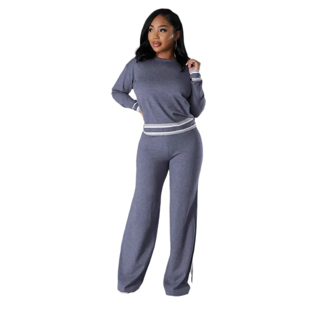 2025 Striped Print Lounge Wear Long Sleeve Crew Neck Pullover Wide Leg Pants Comfortable Conjuntos De Mujer Sets Womens 2 Piece