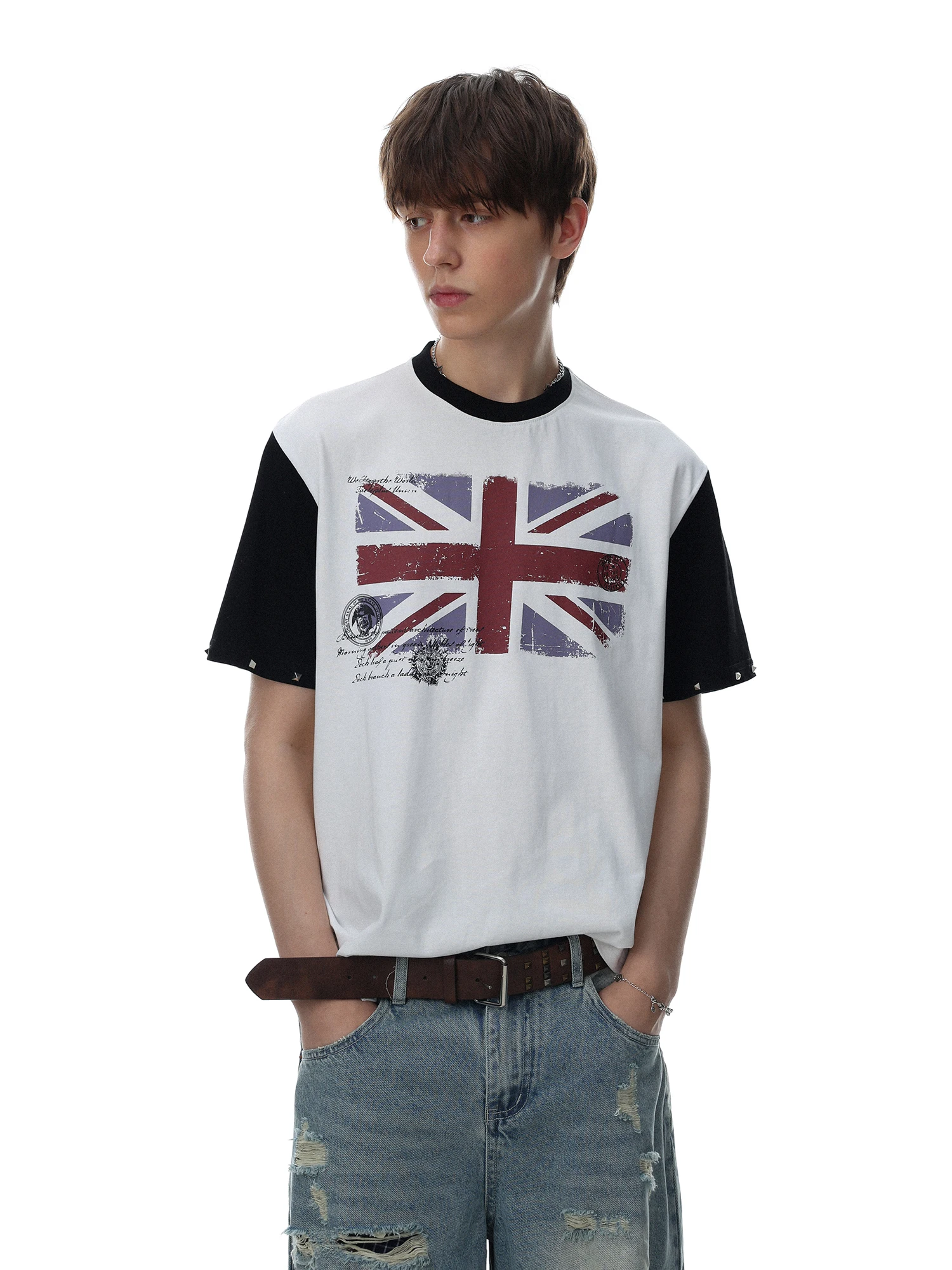 MRNEARLY American Retro Flag Print Short Sleeve Loose Fit round Neck T-Shirt Men's Summer Versatile Half Sleeve Trendy Top