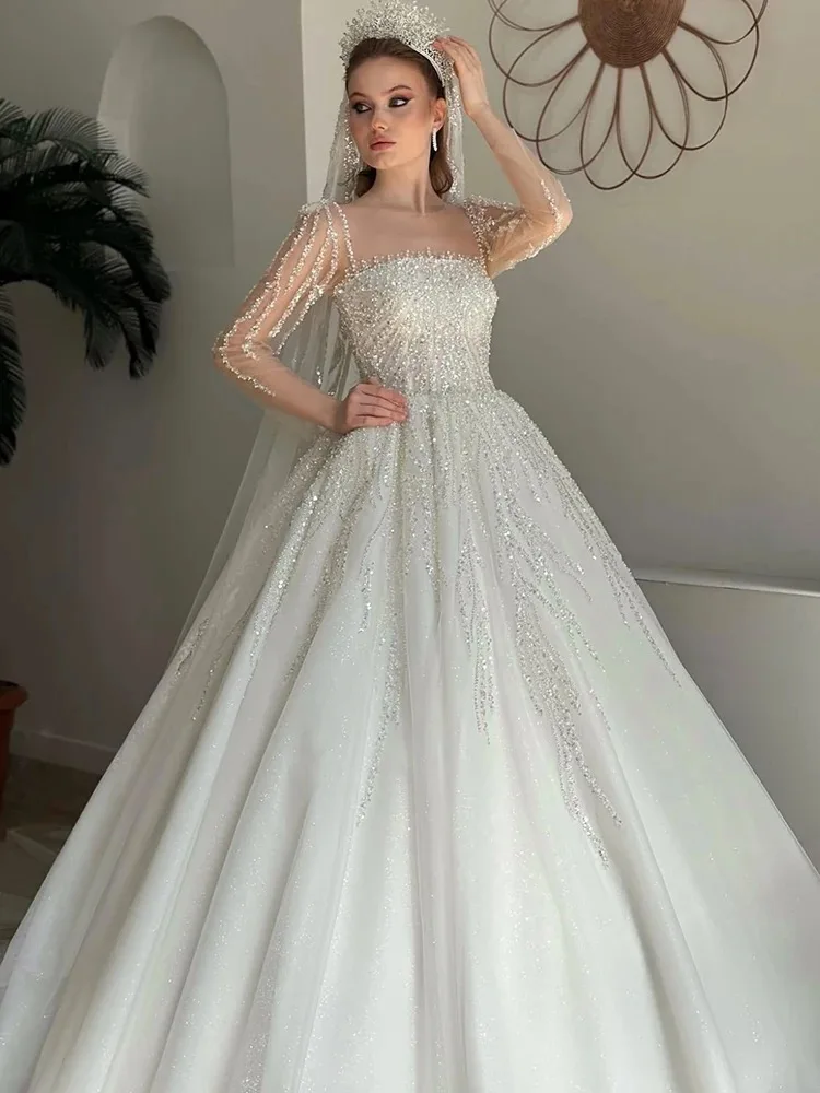 豪華なスクエアカラーフルスリーブウェディングドレス刺繍ビーズボールガウン花嫁ドレスカスタマイズされたvestidoデノビア