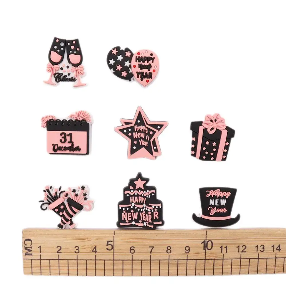 1pcs PVC Happy New Year Cake Gifts Balloons Stars Garden Shoes Button Decorations Charms Hole Slipper Ornaments for Bands