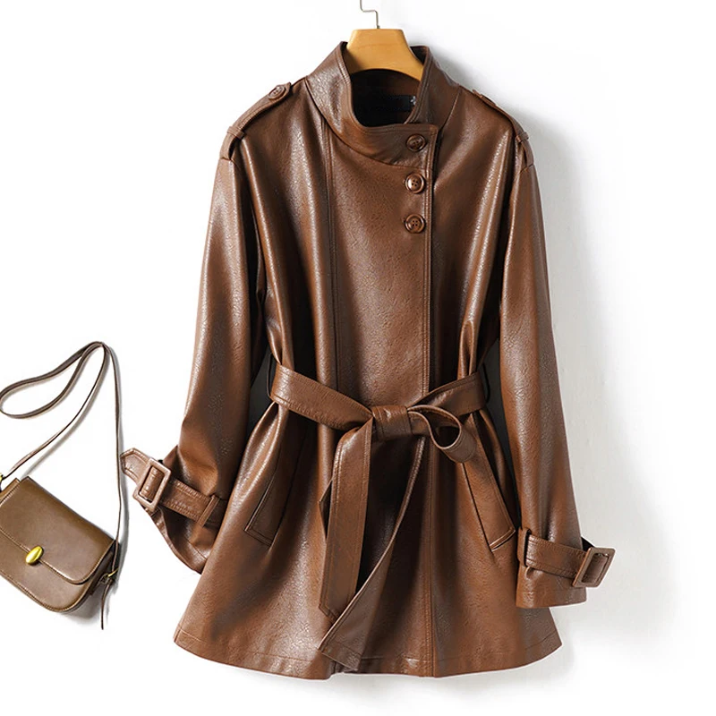 Casual Sheepskin Short Trench Coats for Women 2026 Spring Fall Chic Female Stand-up Collar Belt Split Sheep Leather Jacket Coats