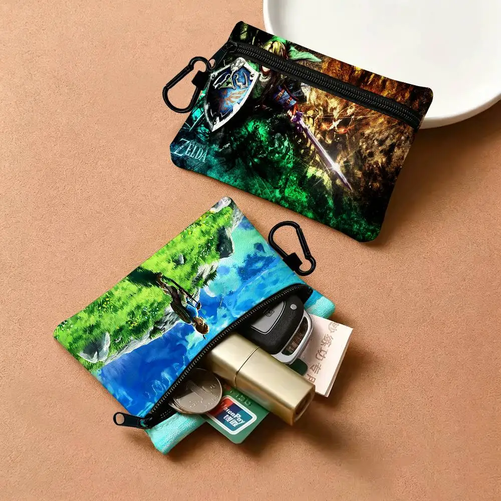 Video Game Legend Zeldas Portable Oxford Cloth Coin Purse Alloy Carabiner Hook Small Zipper Pouch For Backpack Belt Daily