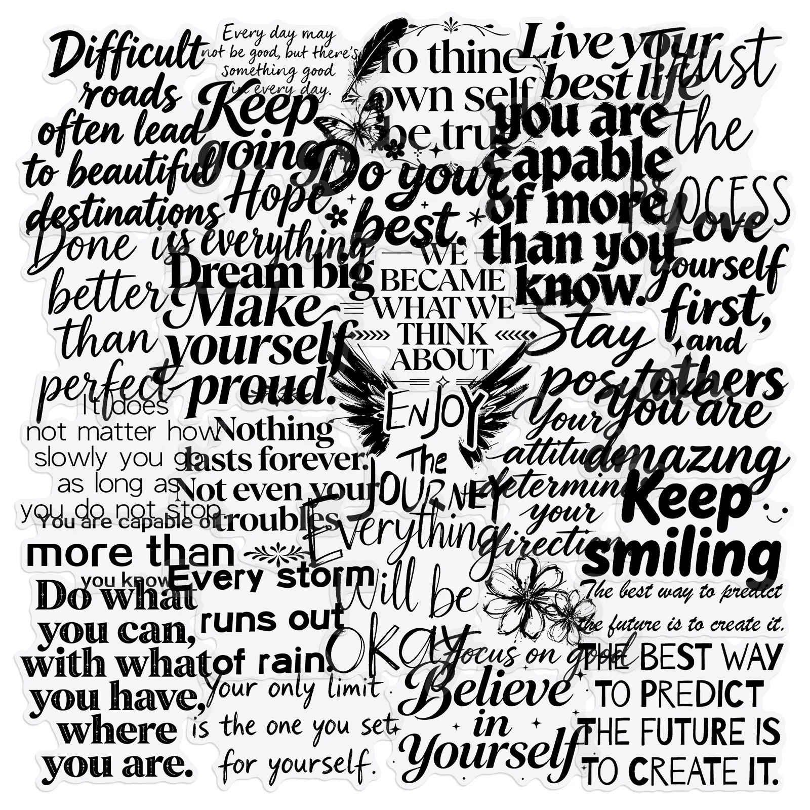 50-100PCS Black & White Inspirational English Transparent PET Stickers, Positive Quote Waterproof Decals for Journaling Decor