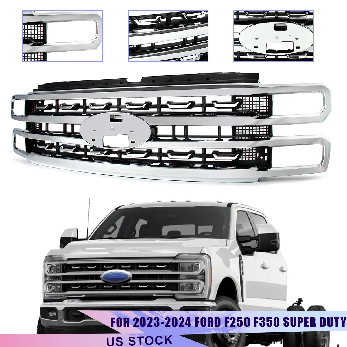 

For Ford F250 F350 Platinum Super Duty 2023-2024 Front Bumper Grille Upper Grill Front Hood Grid Grille Air Inlet Grill Assembly