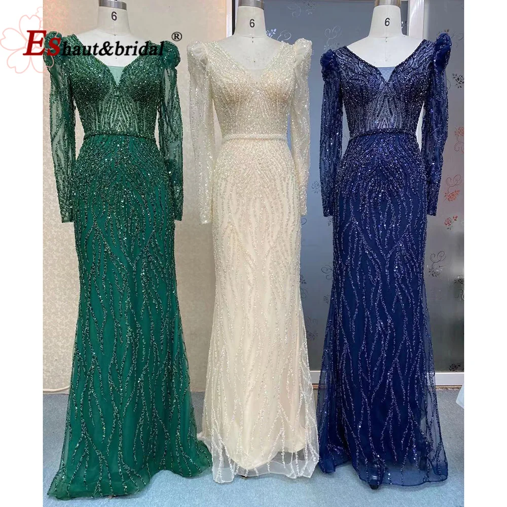 Elegant Mermaid Green Evening Night Dress for Women 2023 V Neck Long Puff Sleeves Beads Sequin Formal Prom Wedding Party Gowns