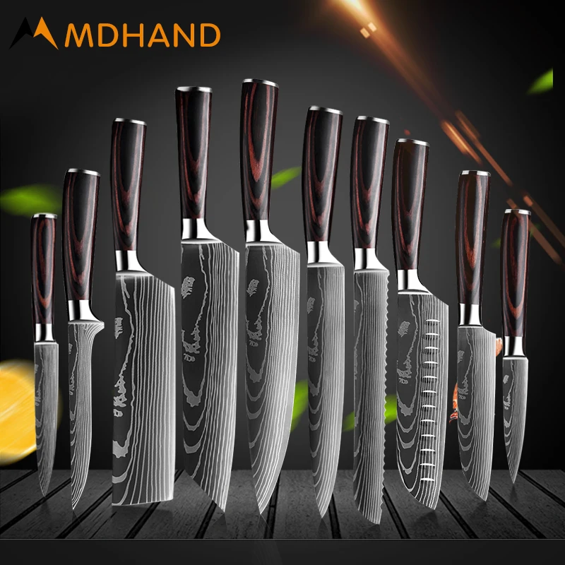 Chef Knife Set, Laser Damascus Pattern, Sharp Cleaver Slicing Knife, Japanese Santoku Utility Knife, 7CR17 440C