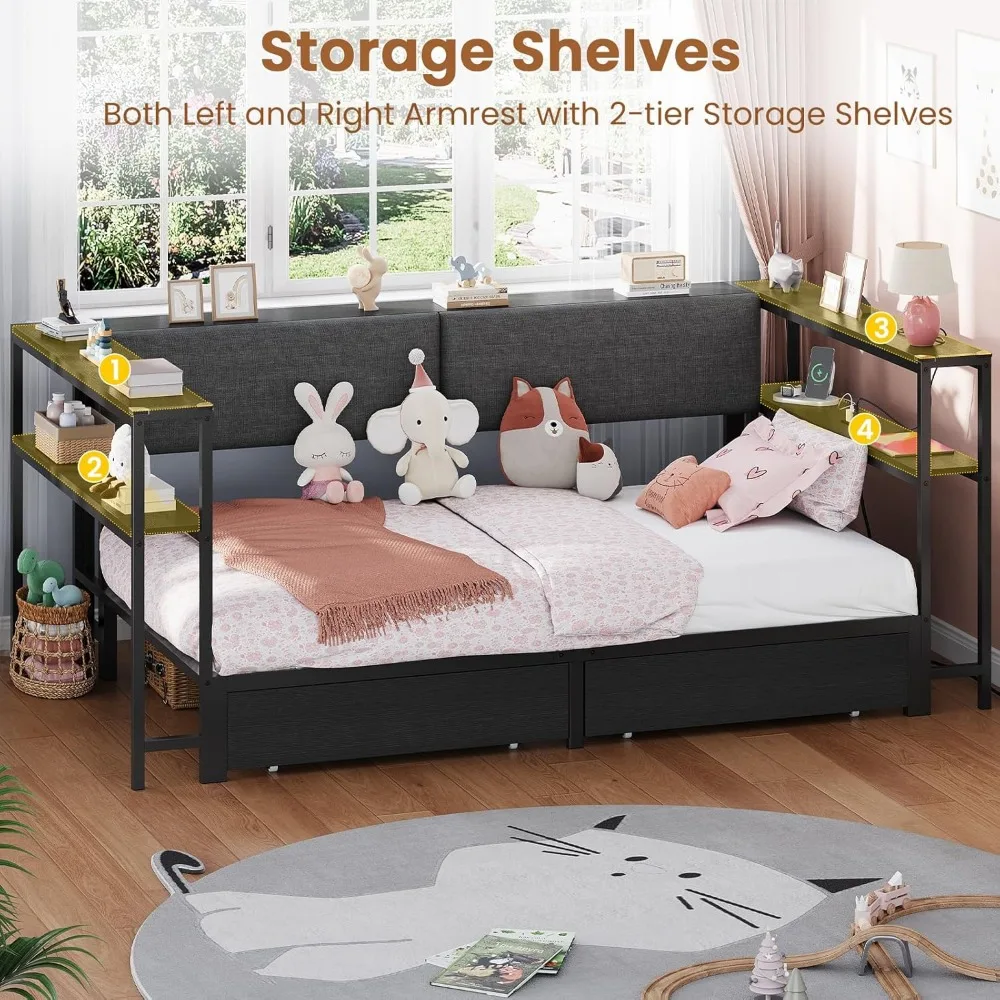 Espreguiçadeira dupla com estante de armazenamento e gavetas, estrutura de cama para quarto infantil, unidade de tamanho duplo com estação de carregamento, cama de canto