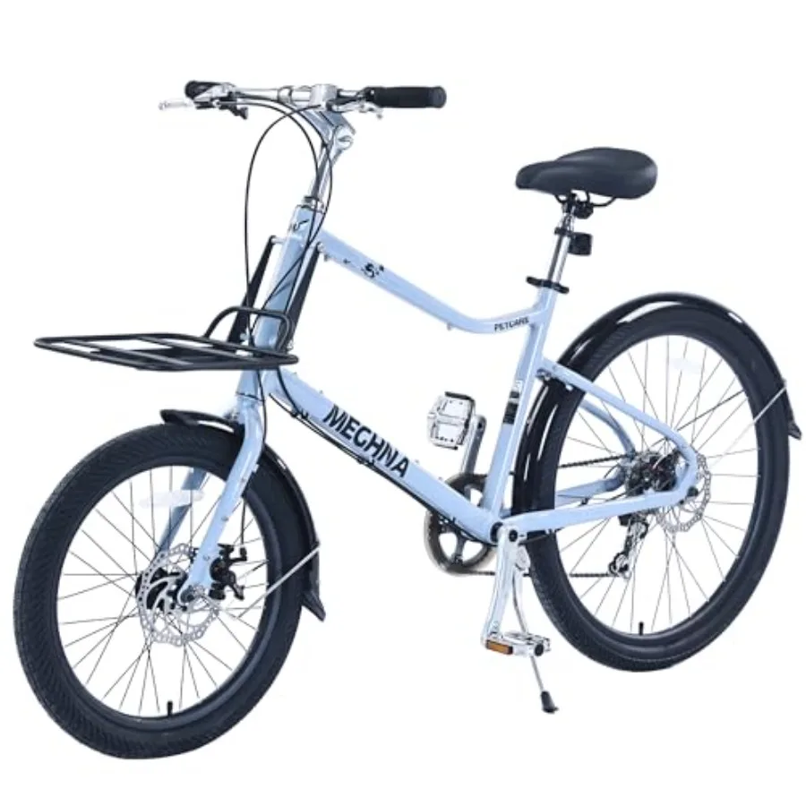 

City hybrid bike for urban commuting, steel frame, black/red/blue, 20 front/26 rear wheels, Shimano 7-speed, double disc brakes