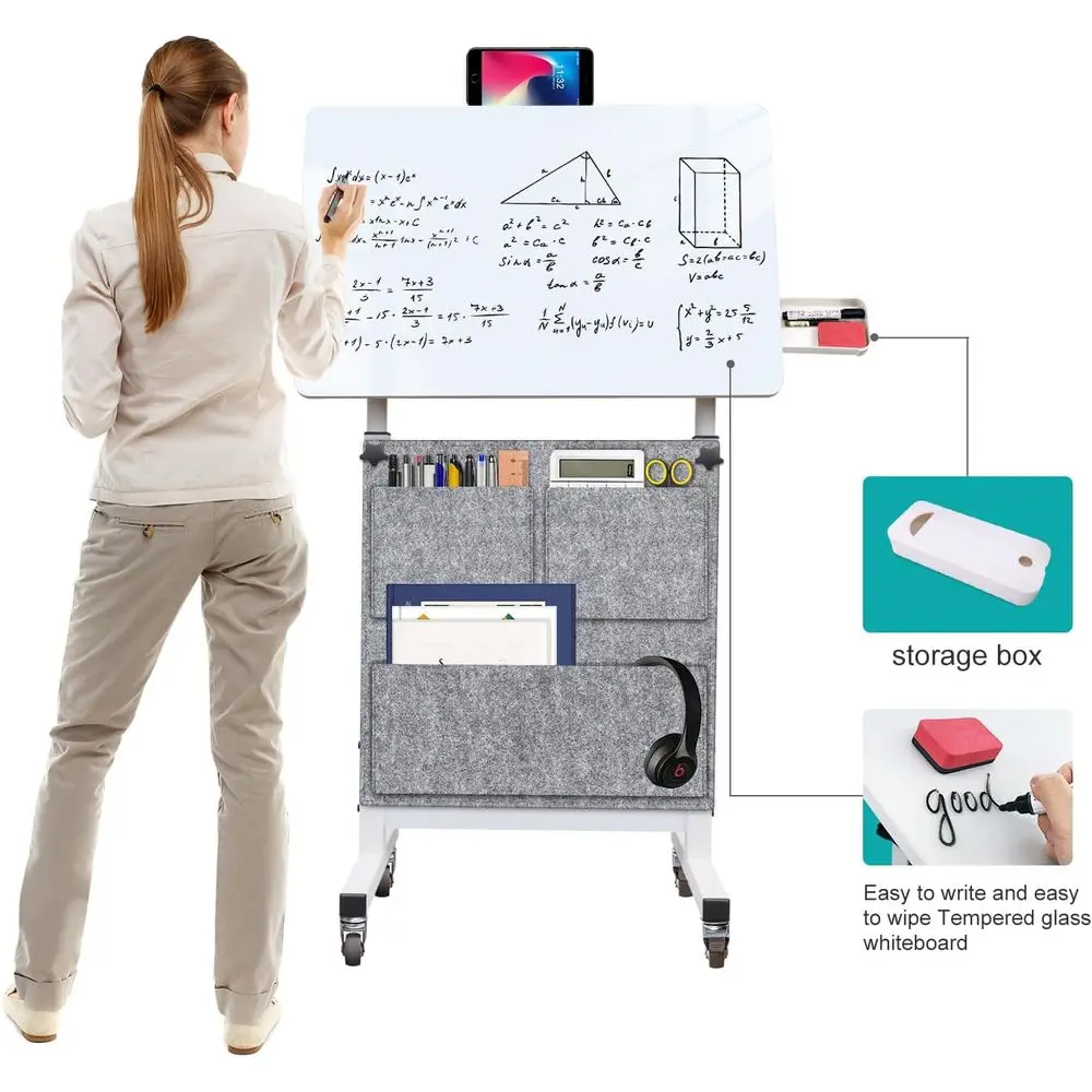 24 مكتب أبيض بارتفاع قابل للتعديل مع زجاج قابل للكتابة، 360 درجة ° دوران، عجلات، حقيبة للمساحات المدمجة والمكتب المنزلي (32-47 ارتفاع) #5