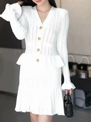 White hollow ruffle splicing dresses temperament elegant V-neck long-sleeved knitted women's dress 2024 Autumn New