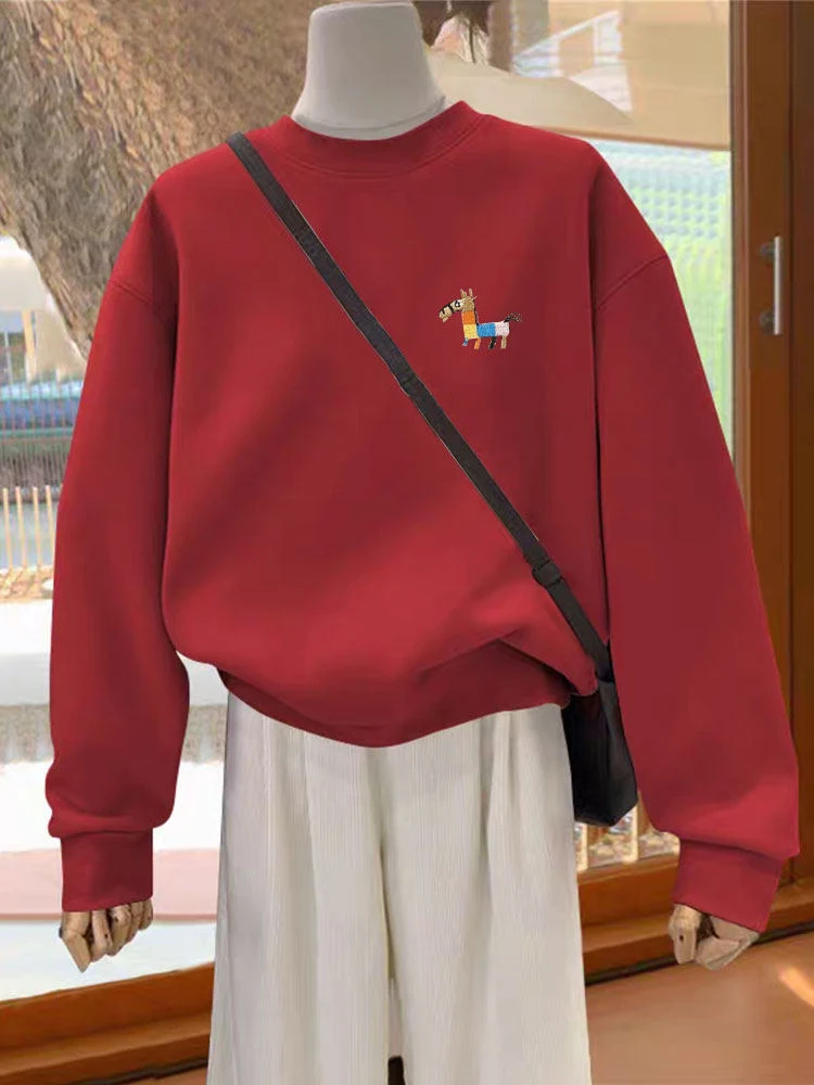 Loose Fit Thiened Fce Long Sve Hoodie Women's Casual Comfortable round Ne Pullover Sweatirt Autumn Winter Red Car...