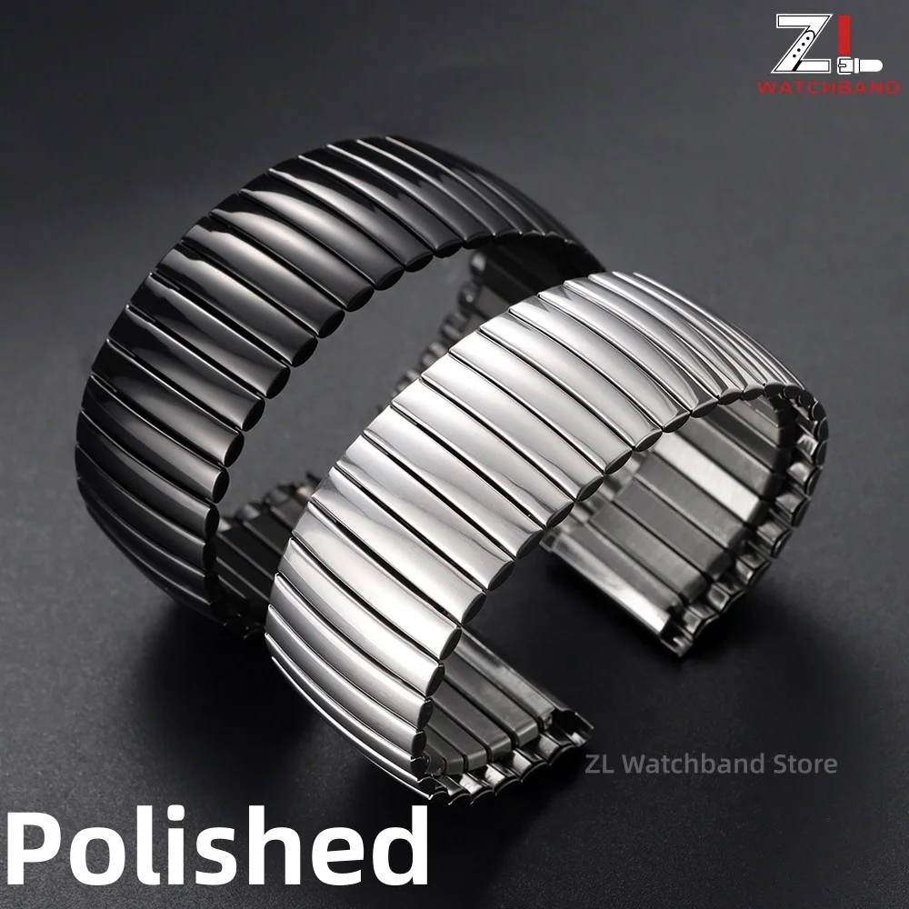 Stainless Steel Watch Band 20mm 22mm Elastic Watch Strap Polished Matte Metal Wristband Universal Replace Silver Black Bracelet