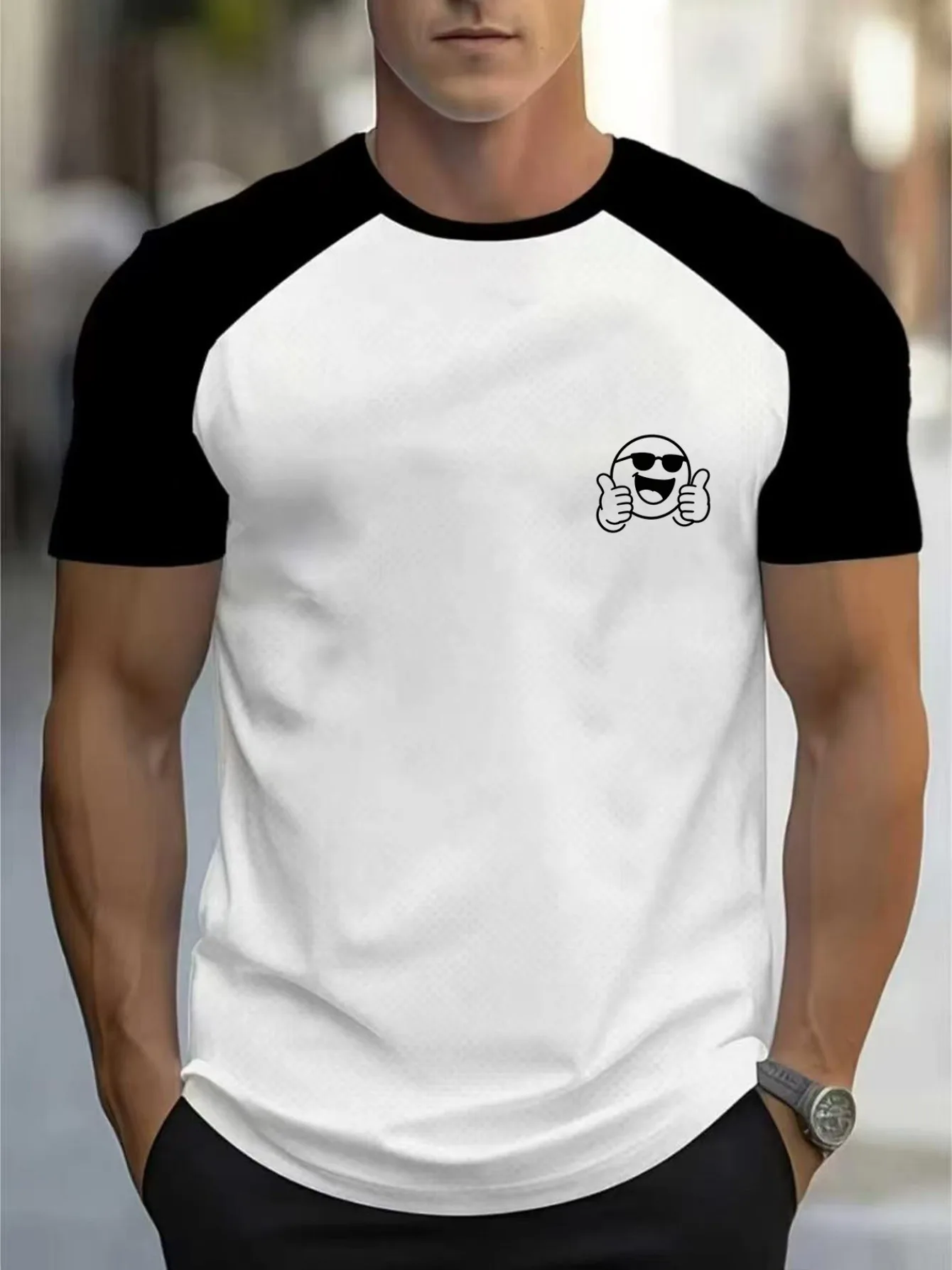 Cross-Border European and American Style Black and White Patchwork Round Neck Raglan Sleeve Short-Sleeve T-Shirt, Slimming Elastic Top