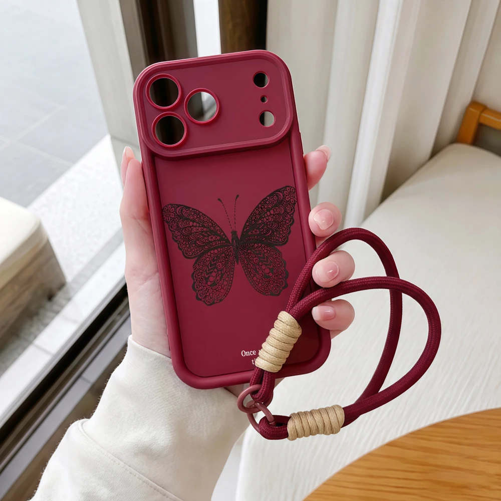 Handyhülle für iPhone 12 13 14 15 16 17 Pro Max 16 15 14 Pro Plus 17E Spitzen-Schmetterling-Lanyard Stoßfeste Matte Silikon-TPU-Hülle – Detail 7