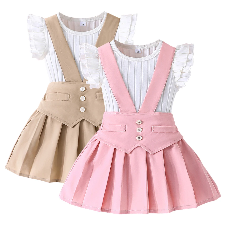 Eco Friendly Soft Comfortable Fabric Little Girls Straps Dress Solid Top Set Adorable Flutter Sleeves Children Sets for Playtime